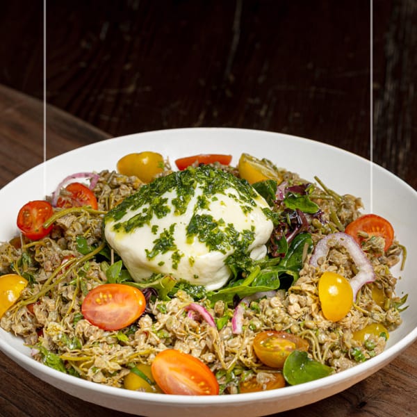 Burrata cheese with pesto, cherry tomatoes, red onion, and grains in a white bowl.
