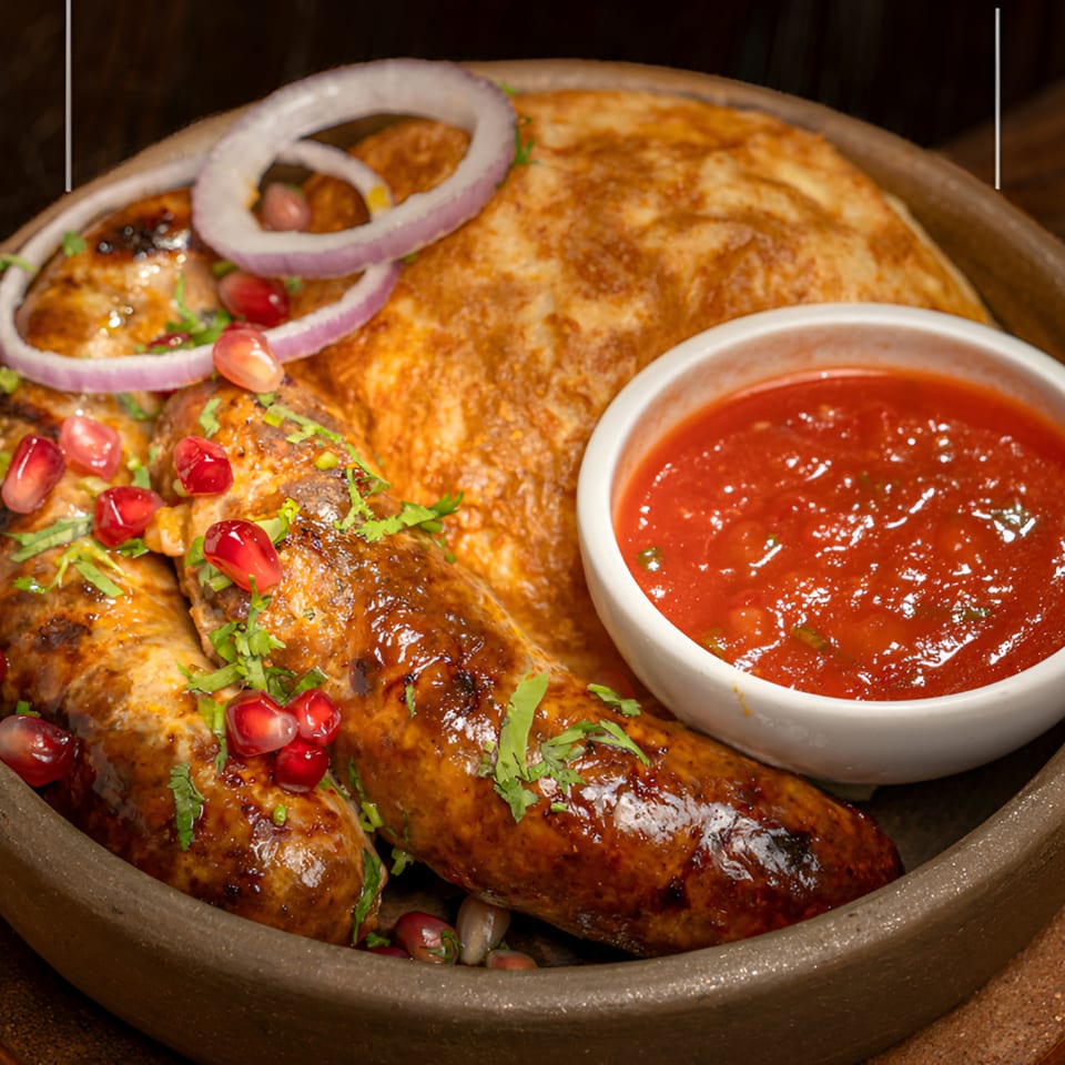 Grilled sausages with pomegranate seeds, red onion rings, flatbread, and a side of red sauce in a rustic bowl.